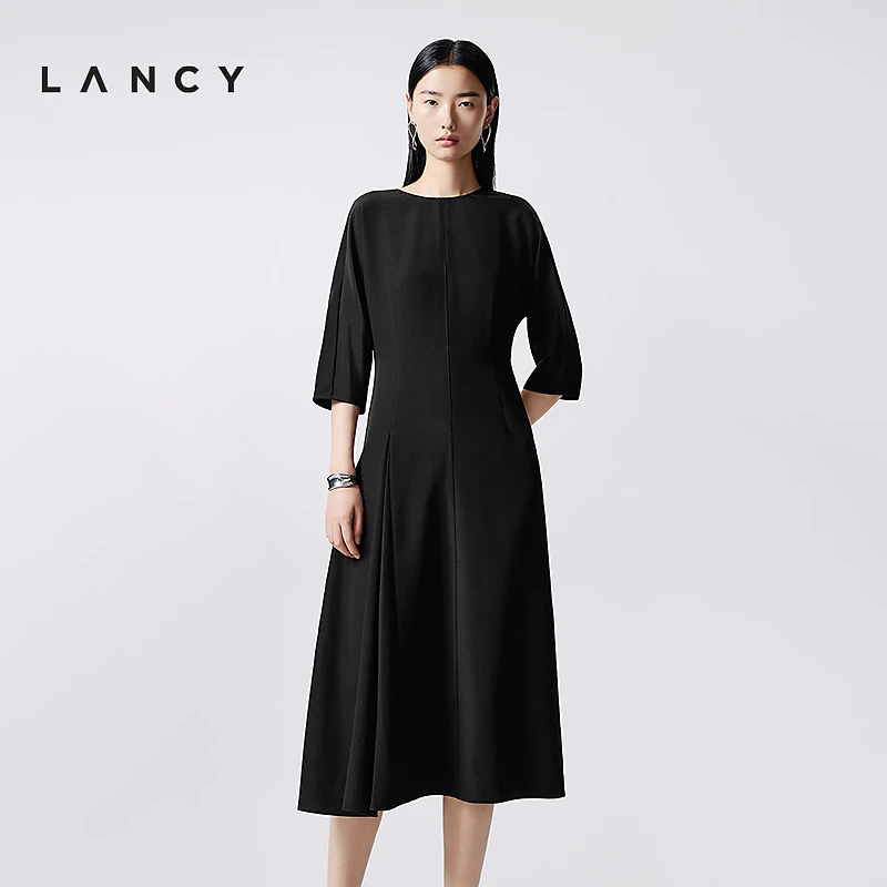 LANCY/朗姿2025秋季新款简约高端收腰圆领A字气质通勤连衣裙子女