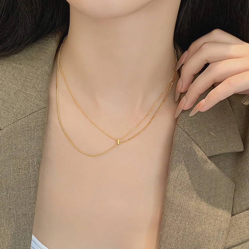 钛钢项链 （永不掉色）叠戴细链双层不对称项链女款百搭气质锁骨链