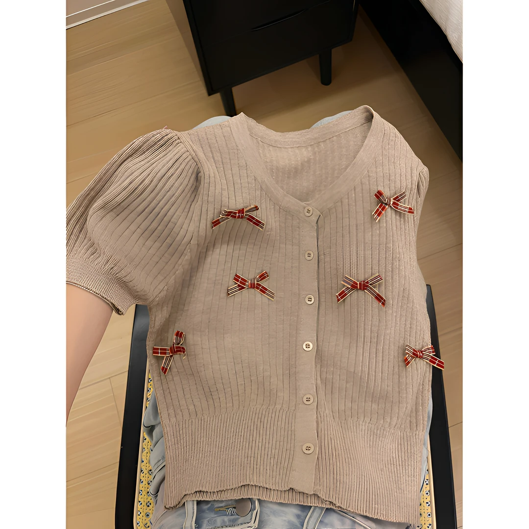 法式蝴蝶结短袖针织开衫女夏季新款设计感小众气质短袖女新款上衣