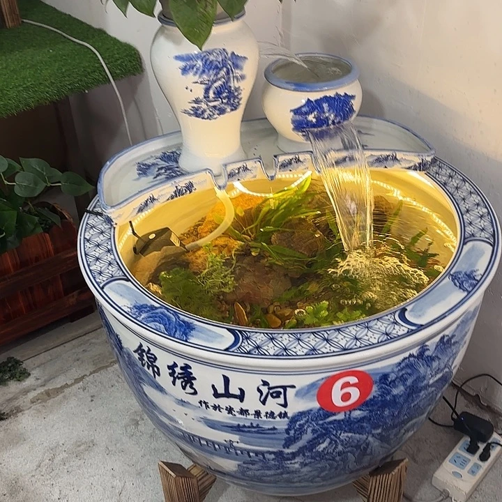 陶摆件景德镇陶瓷青花瓷流水瀑布摆件三件套，水泵水管，底座