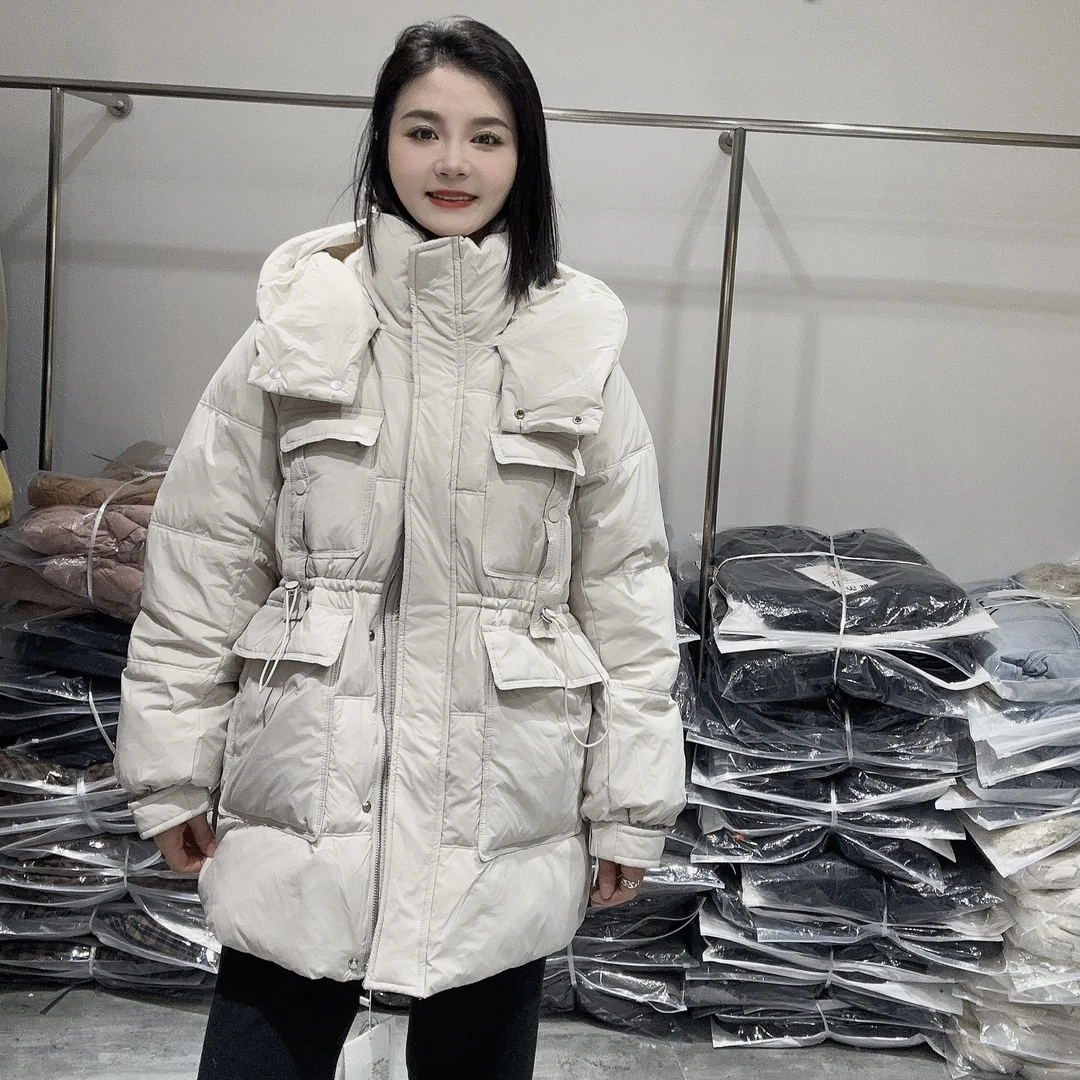LMM 68676 连帽宽松中长款工装羽绒服收腰显瘦时尚白鸭绒外套女装
