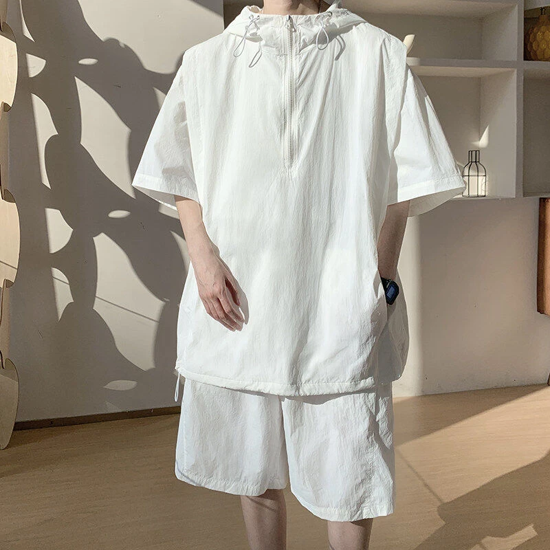 多巴胺冰丝速干短袖防晒服男户外穿搭冲锋衣夏季连帽工装运动套装