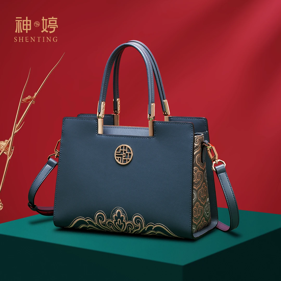 国风通勤女包时尚百搭妈妈中年包气质女神质感真皮刺绣手提包包