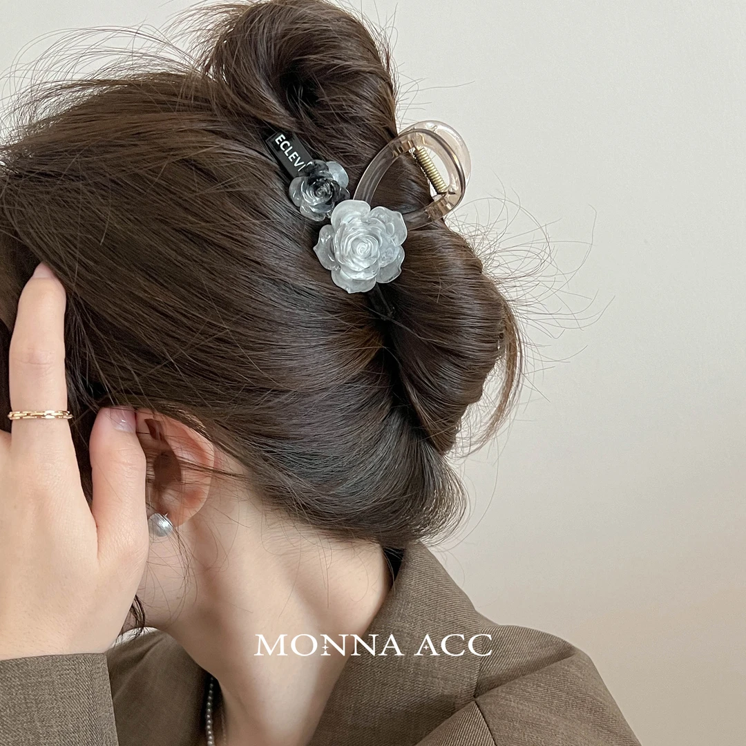 温婉山茶花小香风透色半抓夹气质高级灰渐变盘发中号抓夹E2204ins