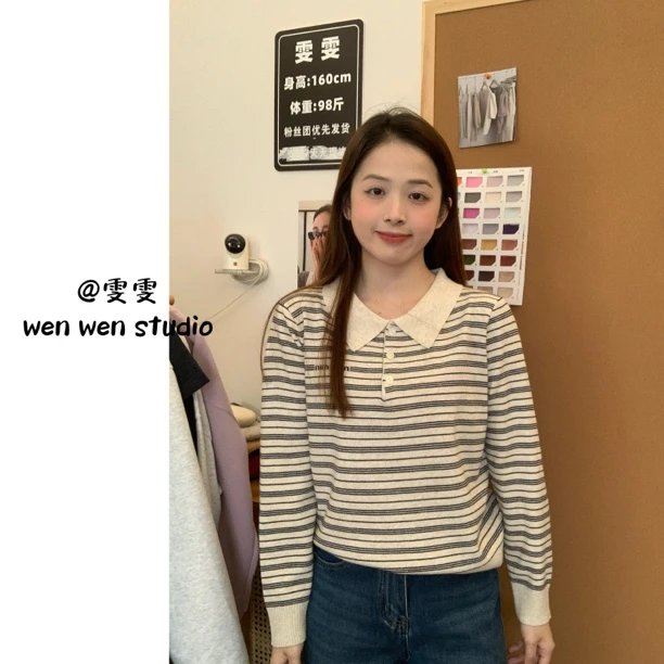 【雯雯】韩系复古条纹设计半系扣翻领针织长袖T恤