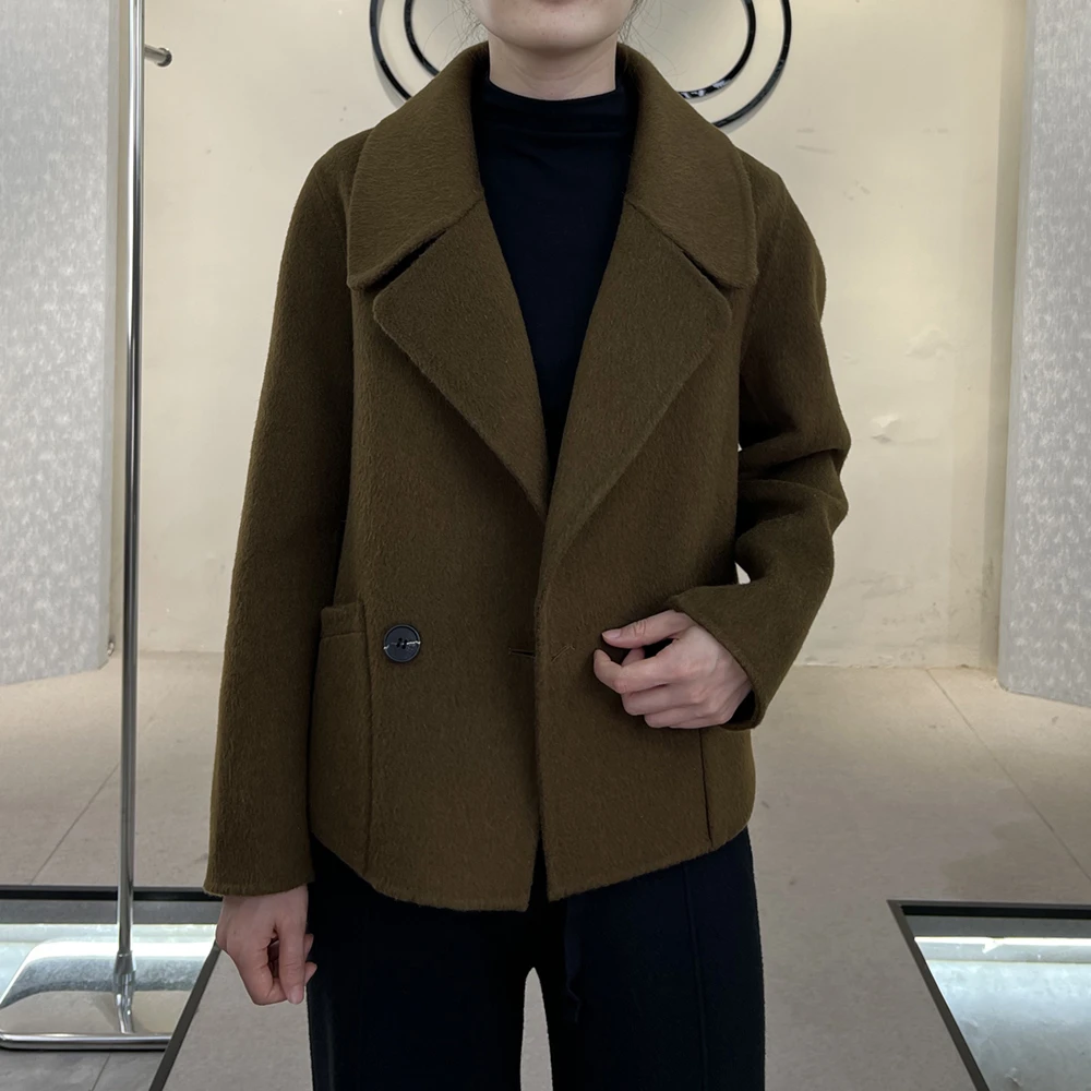 N623--春秋女士短款小个子双面羊毛大衣手工缝制百搭毛呢外套