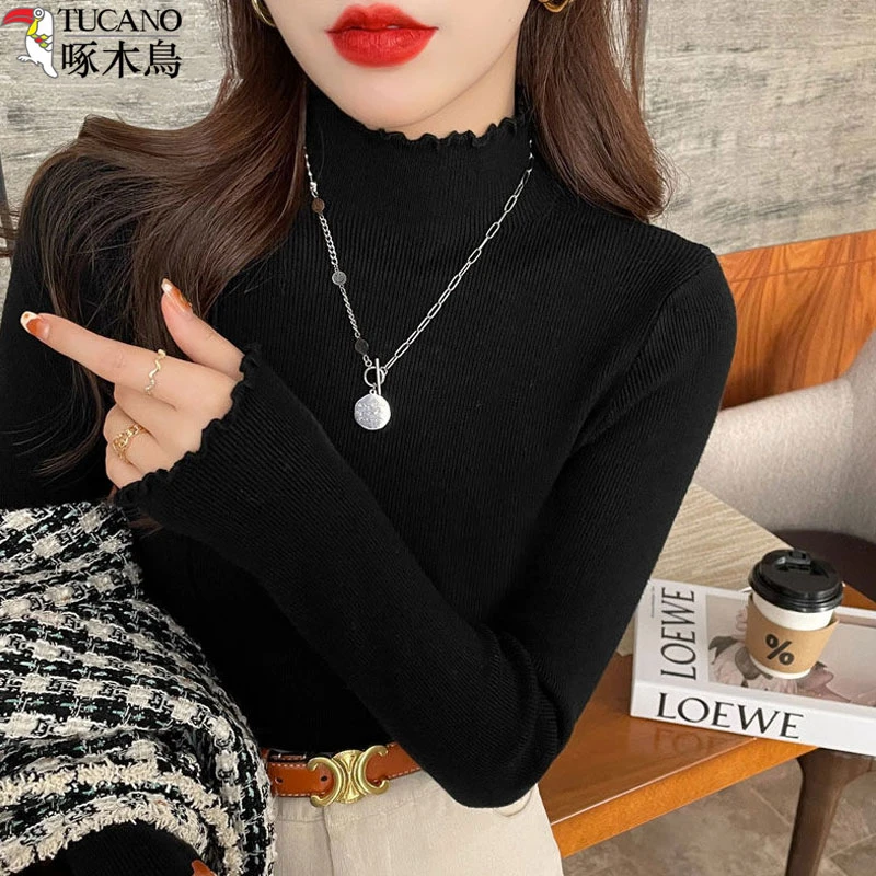 啄木鸟秋冬新款木耳边半高领女款内搭洋气针织半高领毛衣打底衫