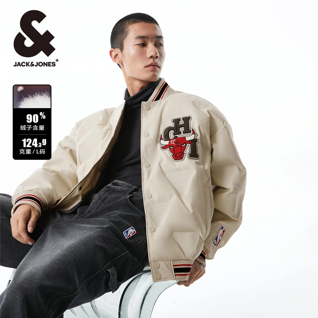 杰克琼斯男装厚外套新款NBA联名公牛队休闲棒球领宽松羽绒服夹克
