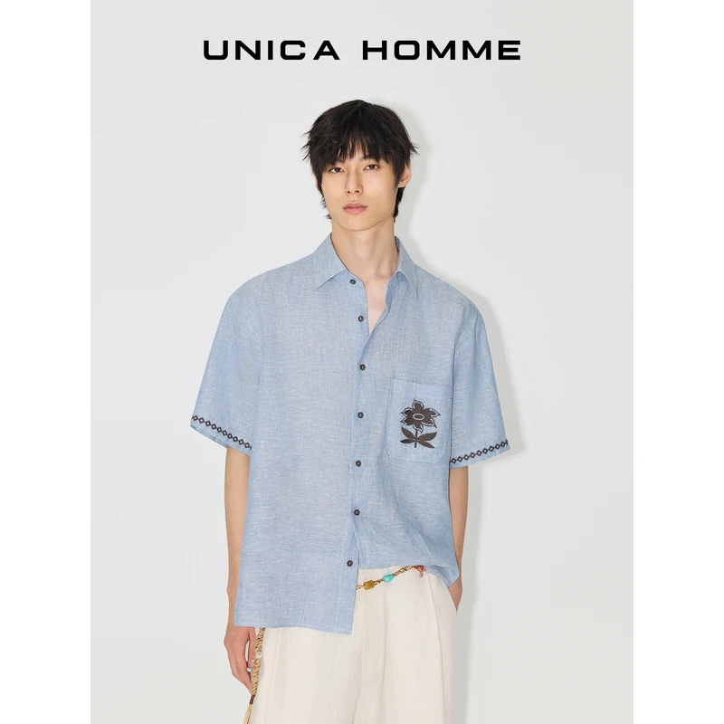 UNICA HOMME/夏威夷度假_原创刺绣花朵亚麻衬衫短袖
