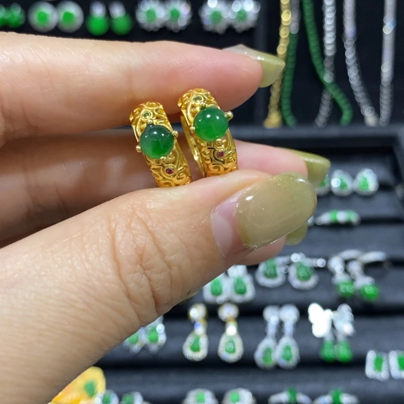 【闪购商品】翡翠银S925镀金镶嵌耳饰