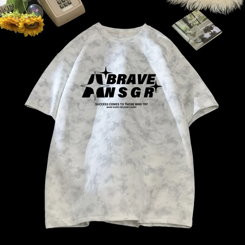 美式复古雪花扎染印花短袖T恤情侣装夏天简约休闲ins嘻哈百搭潮牌