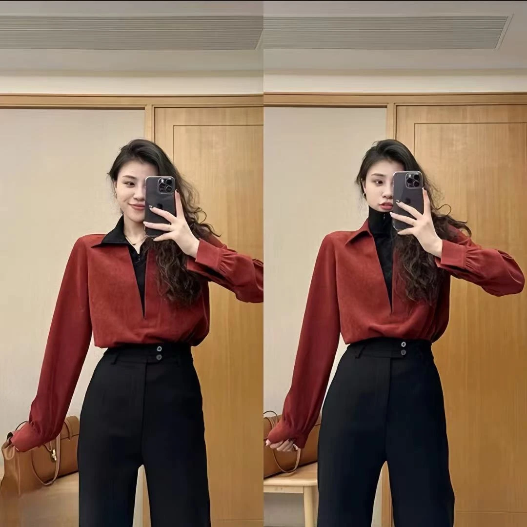 子韩推荐秋冬新款时尚拼色假两件设计百搭衬衫上衣T219