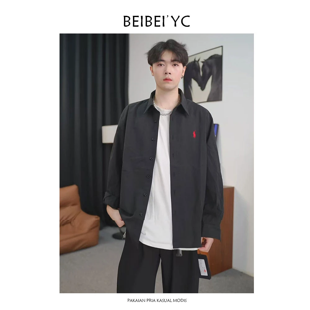 BEIBEI男老钱翻领衬衫长袖外套宽松舒适