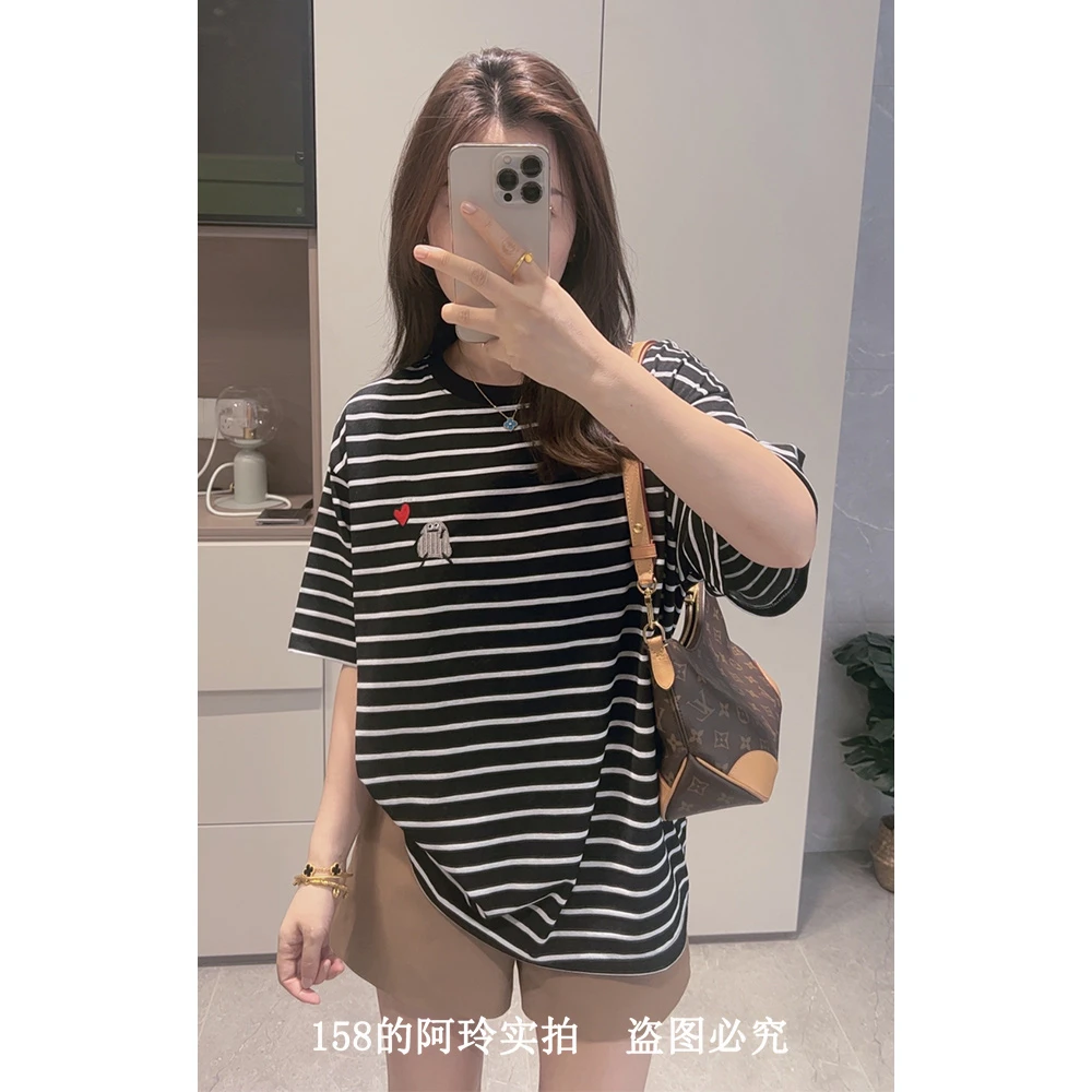 【阿玲实拍】 雪花棉圆领条纹T恤女2025夏季新款宽松套头短袖休闲风