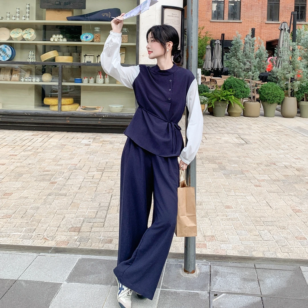 法式设计感百搭减龄套装女秋季新款时尚显瘦假两件上衣长裤两件套