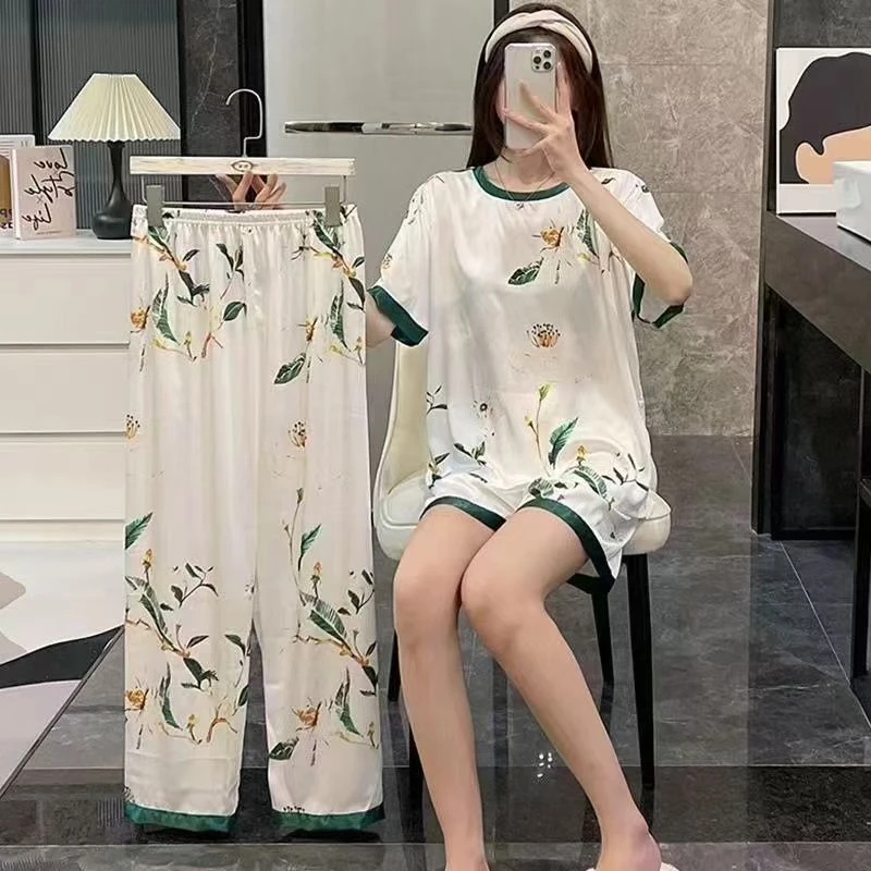 夏季薄款微透睡衣女短袖短裤三件套性感宽松女士高颜值家居服套装
