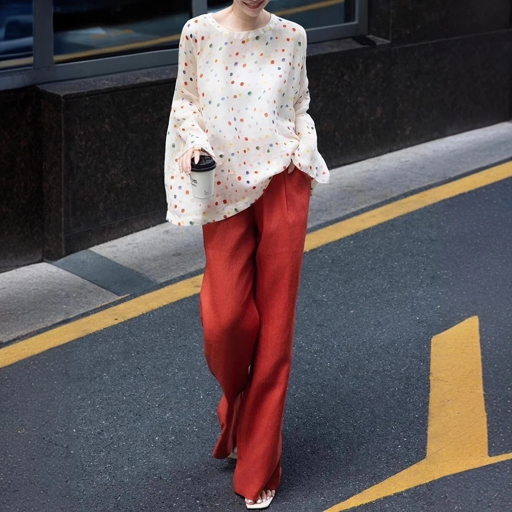 韩版慵懒风洋气长袖彩色波点上衣夏季套装女休闲风红色直筒裤长裤