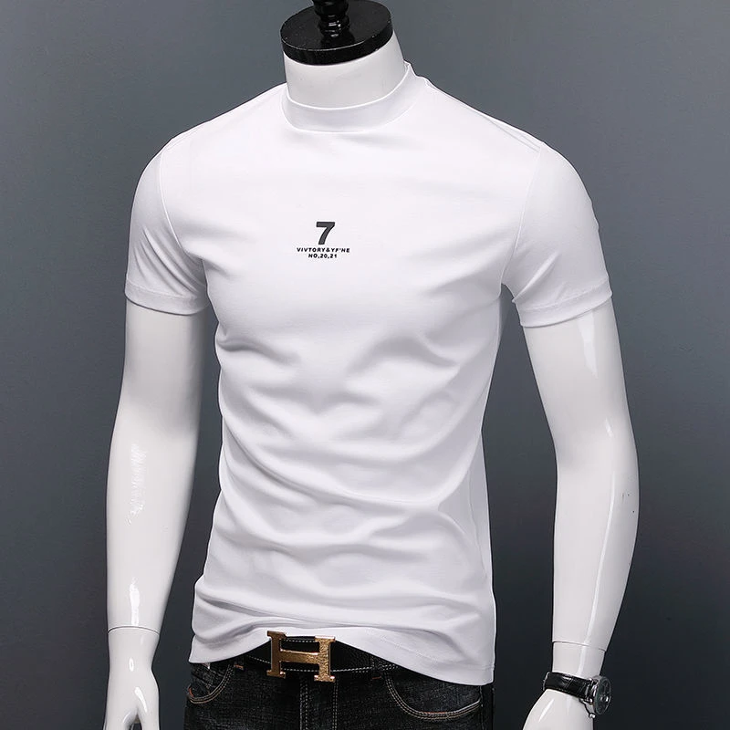 2025夏季新款百搭短袖T恤半高领修身内搭中领半袖打底衫潮男上衣