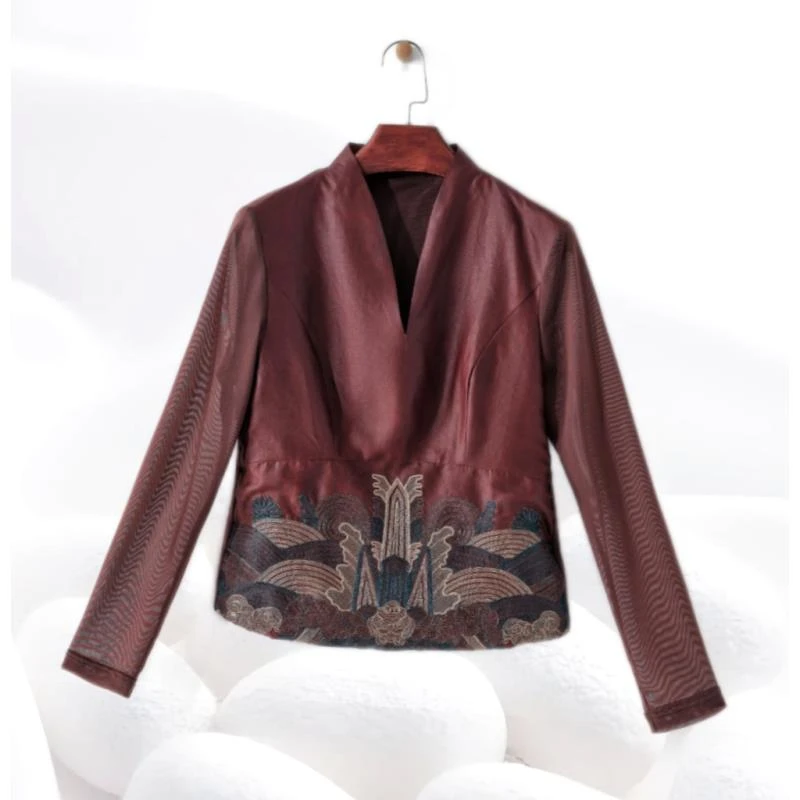 【山崖海水刺绣龟裂纹打底衫】100%桑蚕丝香云纱V领网纱上衣dz201