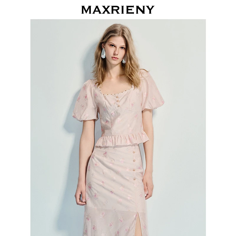 MAXRIENY浪漫新中式上衣优雅短袖上衣提花泡泡袖甜美25夏季新款