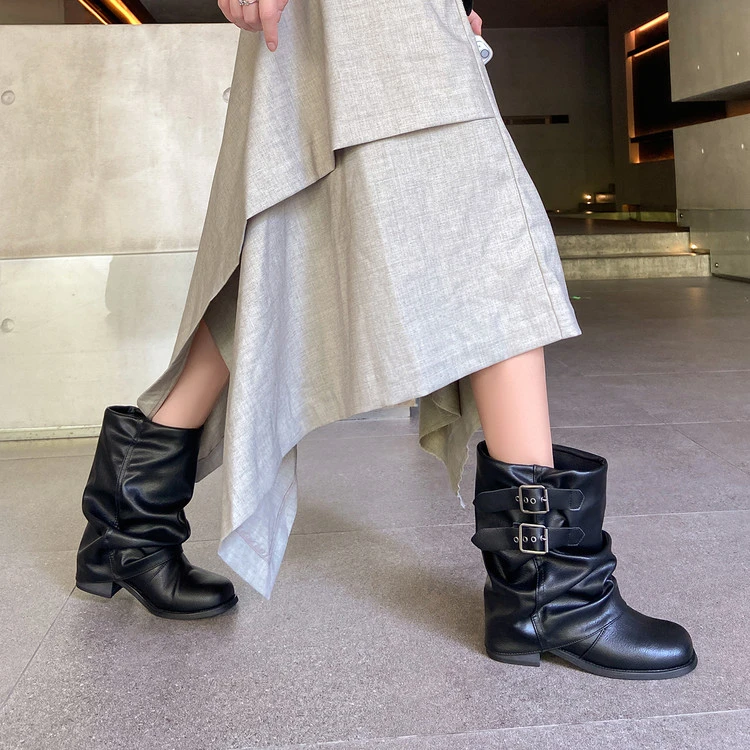时装靴2025年秋季粗跟方头法式堆堆靴时尚百搭短靴
