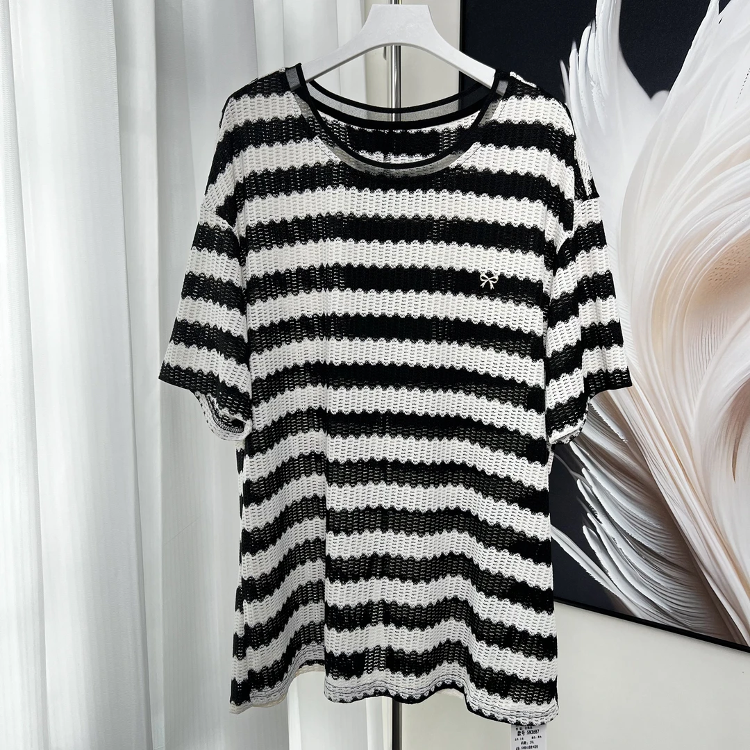 【女权贵族】高品质条纹波浪镂空T恤短袖-3687