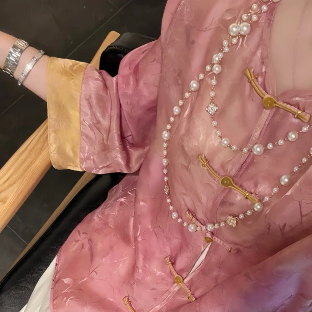 Lillieee-兰絮华亭 春夏新款国风气质百搭真丝交织双色提花上衣