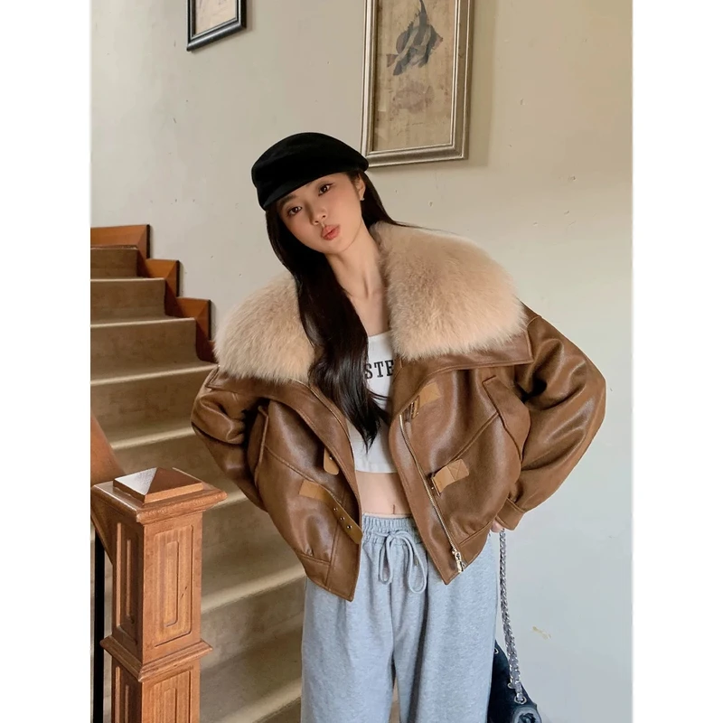 2024冬新款仿狐狸毛皮草外套女韩版机车皮毛一体加厚派克服