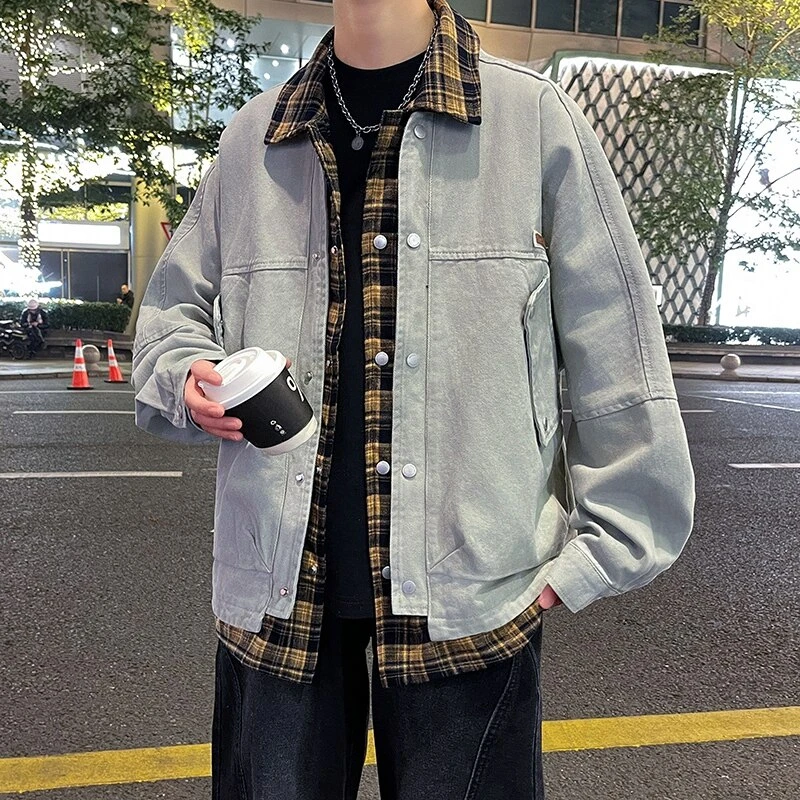 假俩件牛仔外套男2025年春秋季新款衬衫式夹克男美式潮牌青年褂子