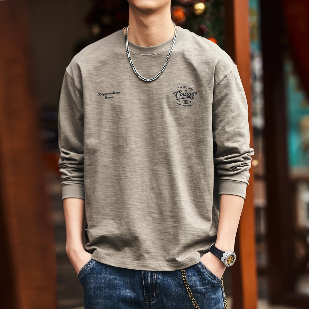 U&PURA山系竹节棉长袖T恤男春秋潮牌字母印花内搭打底衫圆领卫衣