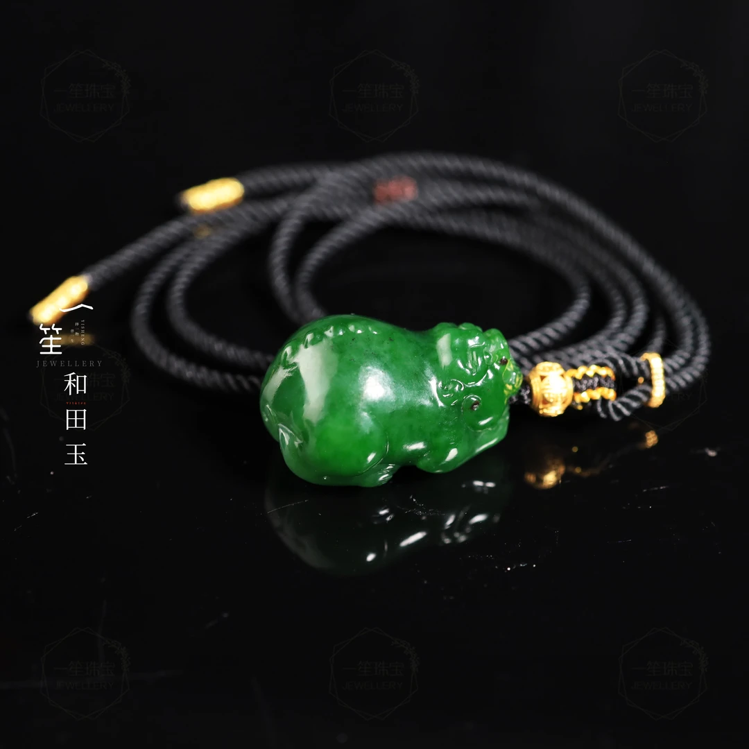 【一笙珠宝】天然和田玉碧玉貔貅吊坠18k镶嵌约