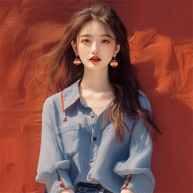 韩系单排多扣条纹翻领衬衫女2025春季时尚宽松显瘦简约风百搭上衣