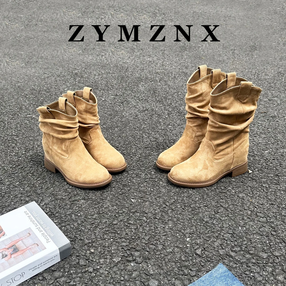 【平增高6-8cm】美拉德马丁靴秋款女中筒显瘦堆堆褶皱复古女靴P061