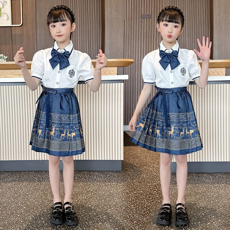 女童马面裙2025新款夏季大儿童学院风JK半身裙短裙国风百褶裙唐装
