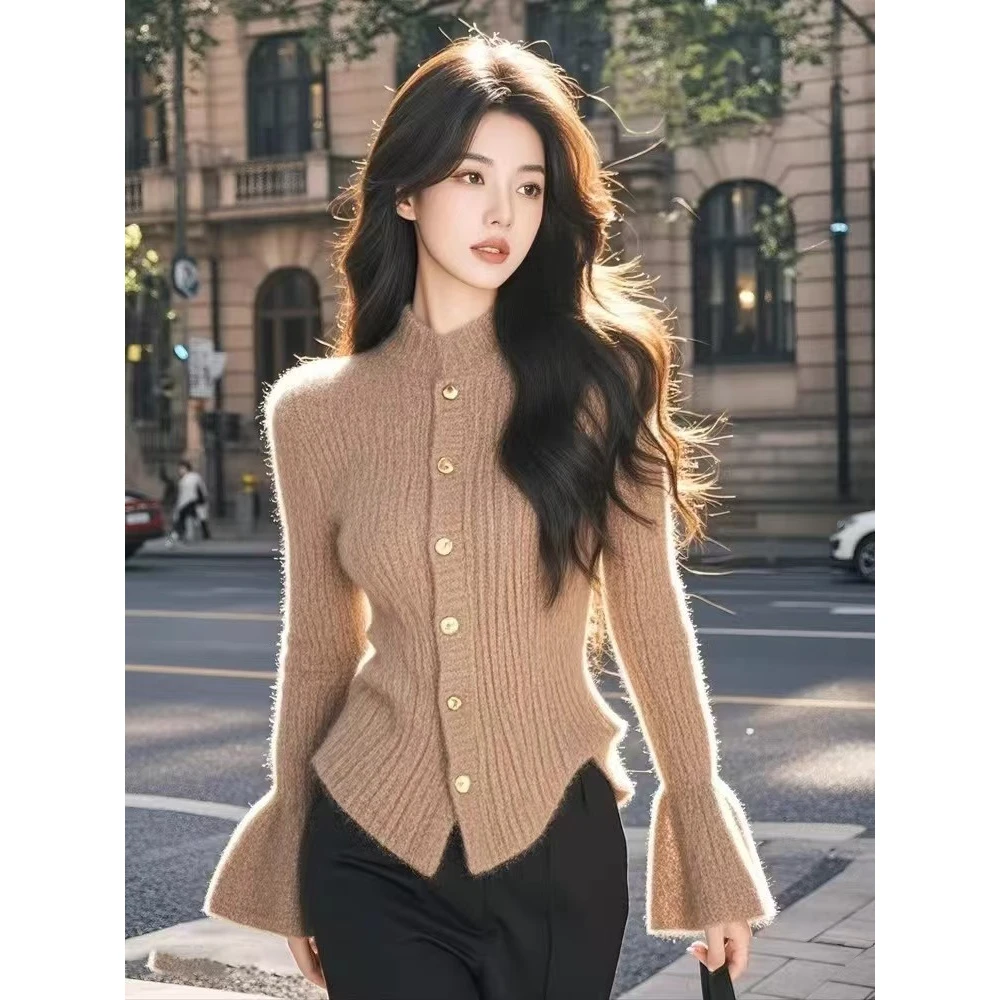 YY#独特别致色立领毛衣针织衫女内搭设计感喇叭长袖上衣DY12435