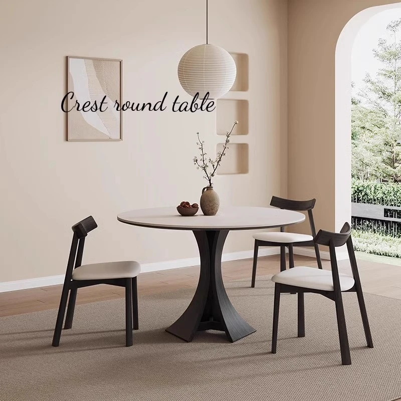 纯白岩板餐桌法式复古进口现代简约小户型圆桌意式圆形实木餐桌椅