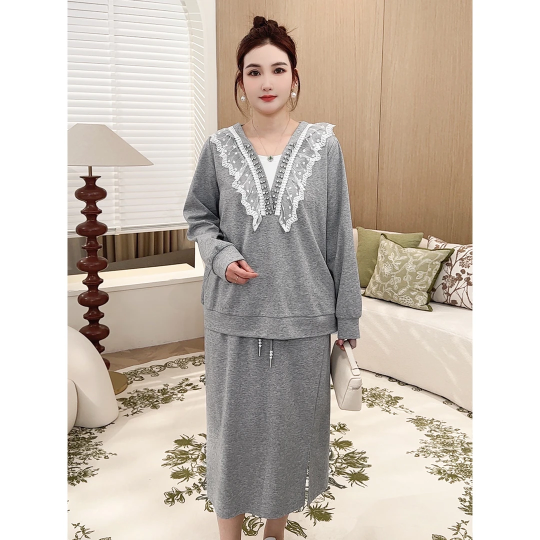 MsShe大码女装2025蕾丝连帽卫衣松紧腰半身裙套装E2503003