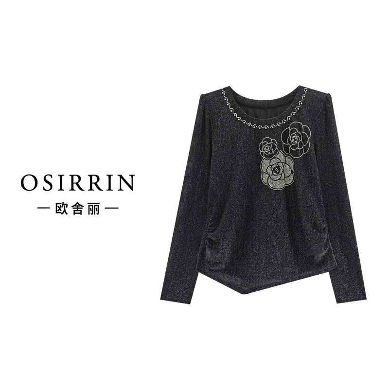 OSIRRIN新款烫钻山茶花宽松时尚百搭T恤T9289