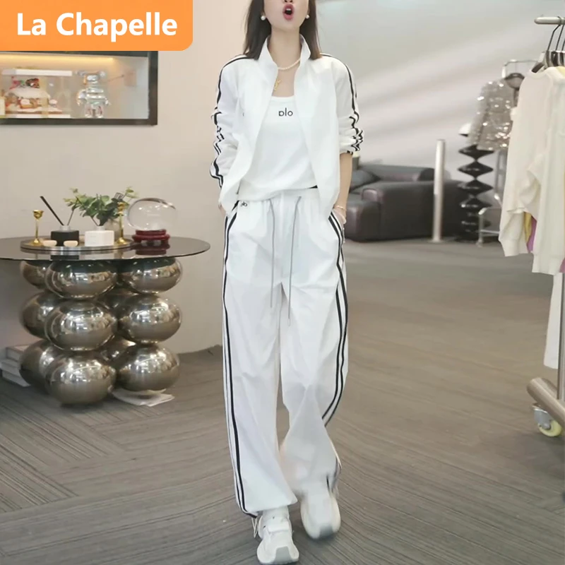 拉夏贝尔夏季薄款休闲运动套装女韩版条纹时尚显瘦气质宽松两件套