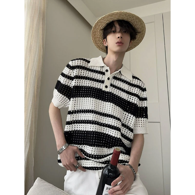 条纹撞色镂空亨利领短袖Polo衫男夏季韩系穿搭针织t恤设计感上衣