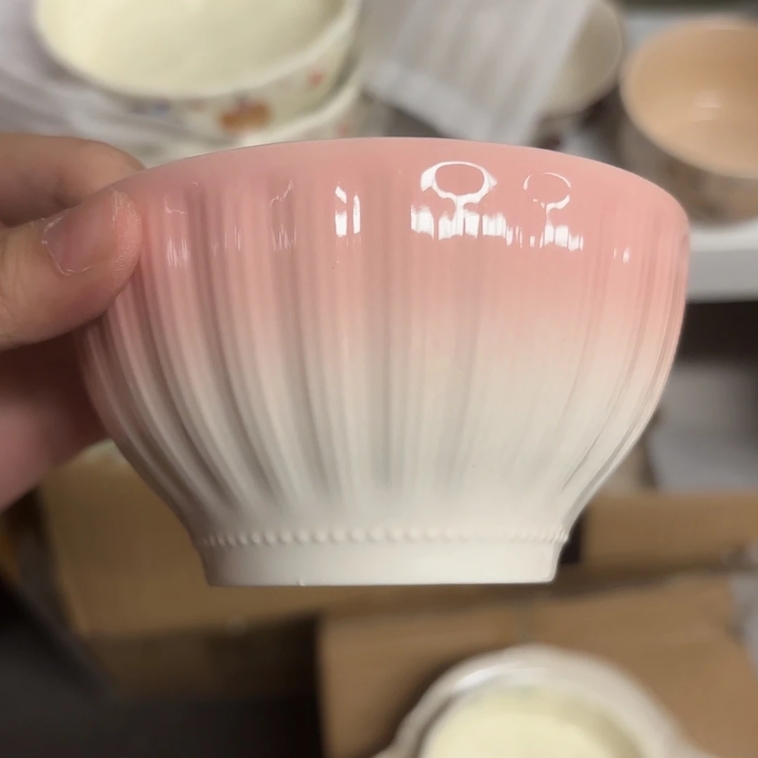 白瓷罗兰窑变粉色米饭碗五寸