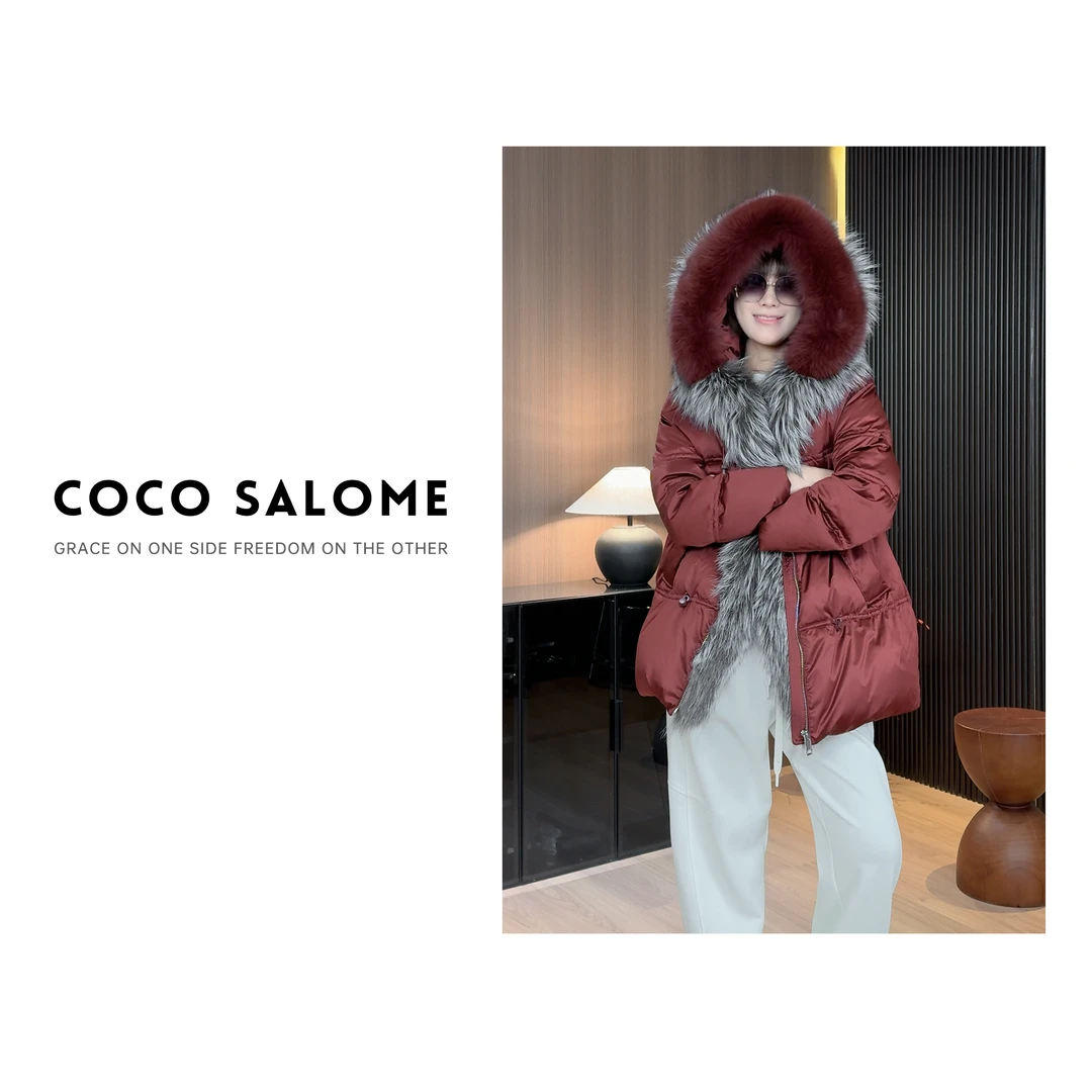 韩彬彬CS"冰雪皇后"光泽缎面狐狸毛领中长款羽绒服0888-(10)