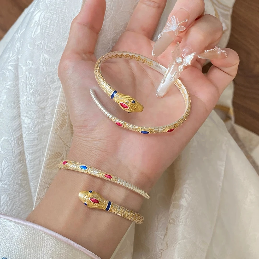 足银手镯 珐琅描金蛇形手镯女999纯银手环生肖蛇足银本命年送女友