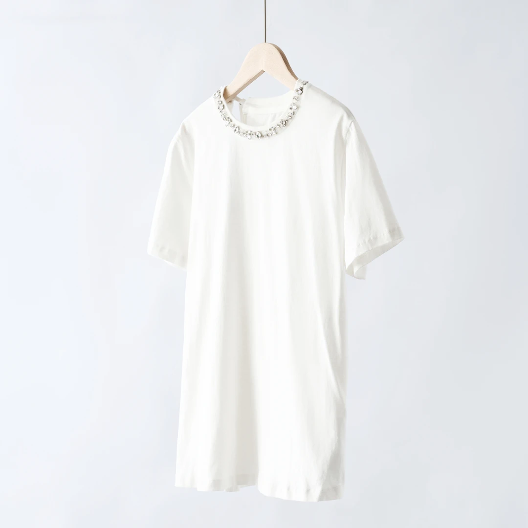 【YS11017】M+短袖T恤2025春新品棉质手工钉钻露背捏褶圆领上衣