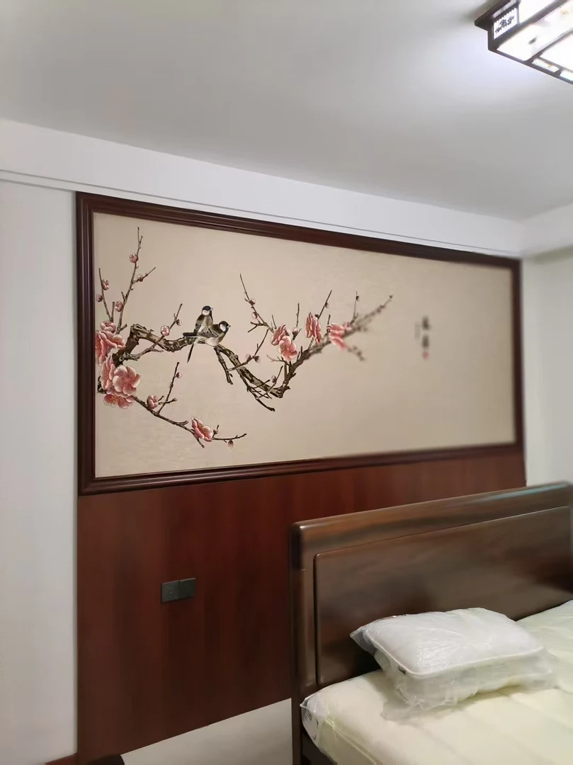 独绣纯刺绣卧室床头花鸟沙发电视背景墙布新中式独秀壁画喜上眉梢