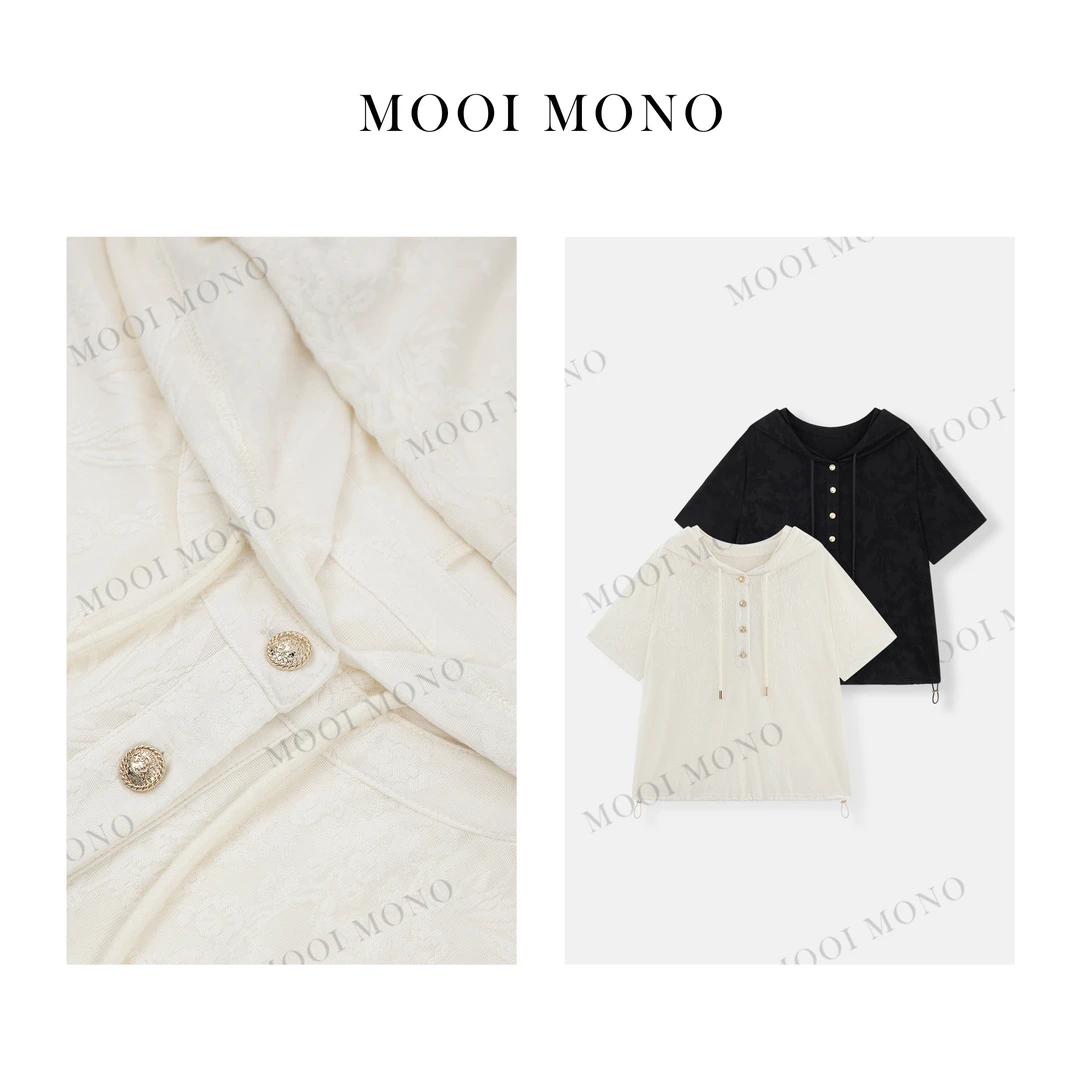 MOOI MONO"竹韵"显瘦休闲风竹叶提花短袖连帽套头卫衣 H753L52