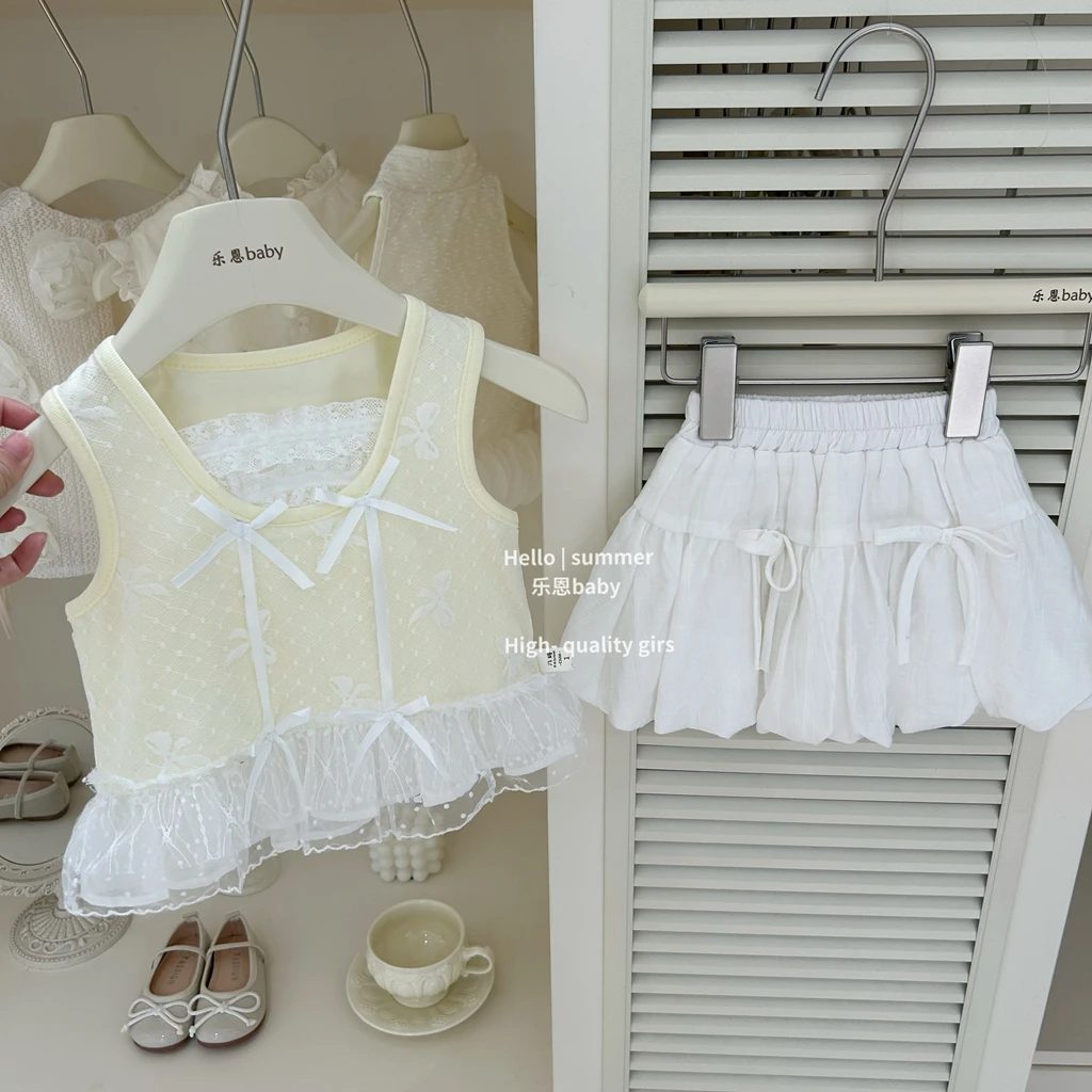 现【乐恩baby】高级女童夏季新款奶黄色蕾丝上衣米白色花苞裤两件套