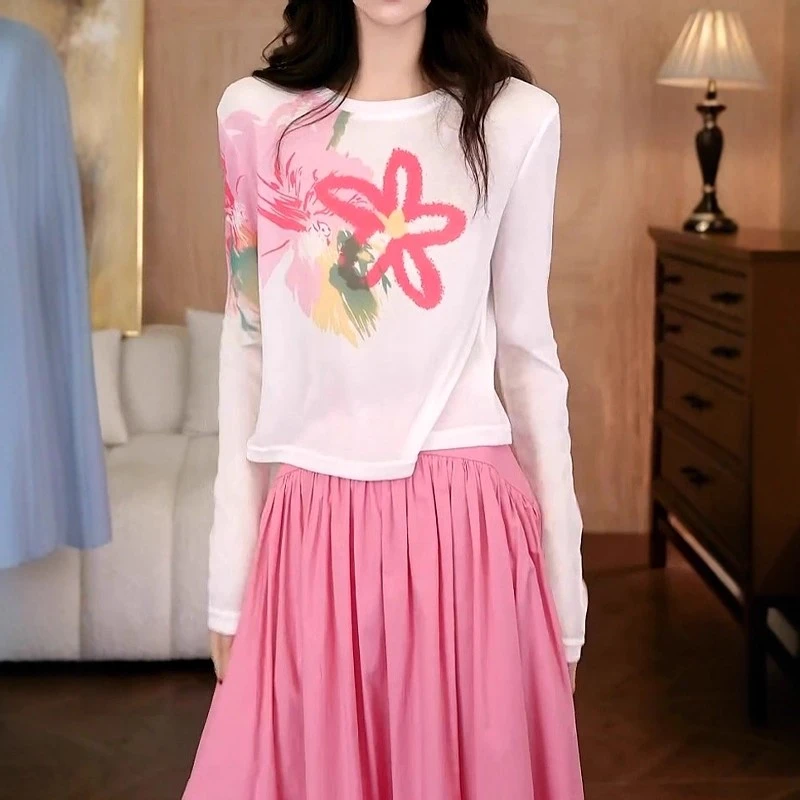 设计感圆领长袖防晒上衣夏季薄款胖MM大码女装韩版印花百搭T恤女