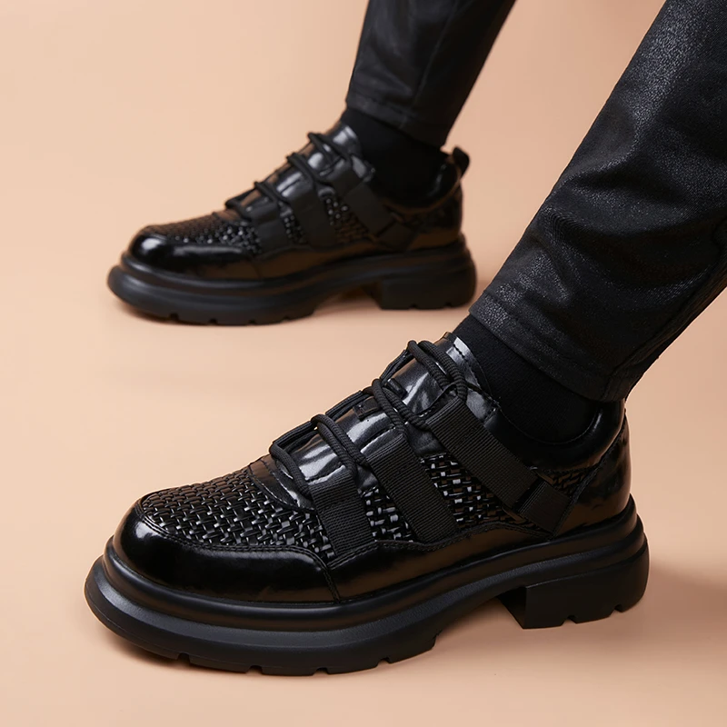 夏季镂空新款男士皮鞋厚底休闲皮鞋百搭男款年轻人系带潮流增高鞋