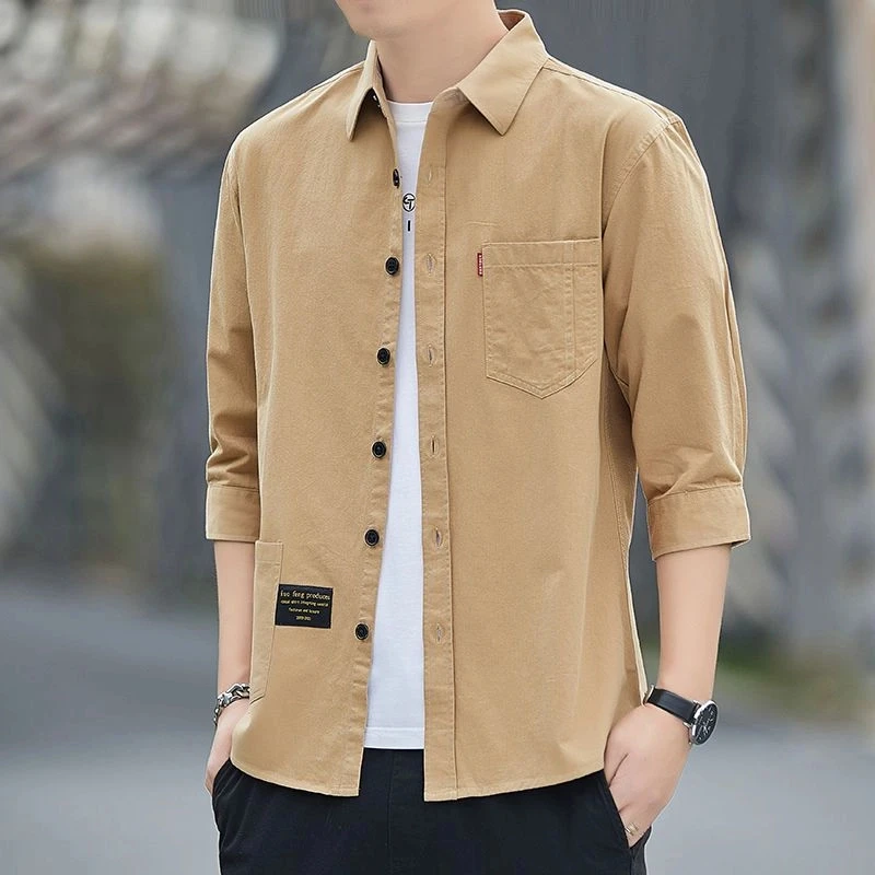 高档棉质免烫2025夏季短袖衬衫男士宽松版七分袖衬衣工装中袖外套